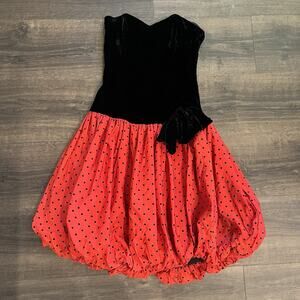 Positively Ellyn Black & Red Velvet Polka Dot Bubble Skirt Strapless Prom Dress